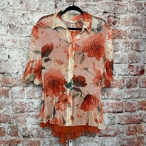 Cache Womenʻs Krinkle Cream and Rust Floral Button Down Blouse Large